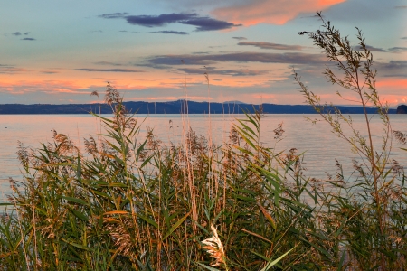Bolsena lake at sunsetの写真素材