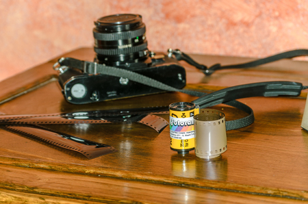 Viterbo Italy 03/16/2018 old analog camera canon with negative stripsのeditorial素材