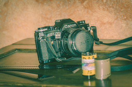 Viterbo Italy 03/16/2018 old analog camera canon with negative stripsのeditorial素材