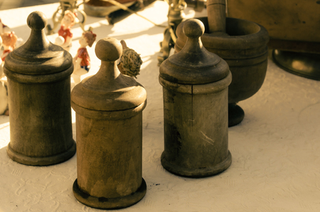 collection of antique objects of various kinds at a flea market.の写真素材