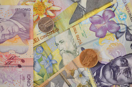 ron banknote and coin Romanian currency backgroundの写真素材