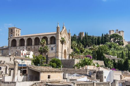 Church, village and mountain landscape in Arta, Majorcaの写真素材