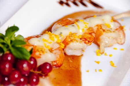 Prawn dish on a white backgroundの写真素材