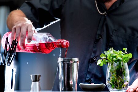Bartender serving a red cocktailの写真素材