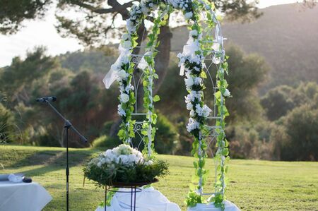 Wedding decoration with chairs and flowersの写真素材