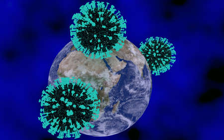 3d rendering of a fully textured planet earth infected with coronavirus cells, all floating in a black and blue background.の写真素材