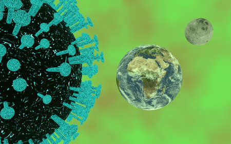 3d rendering of half a giant coronavirus cell next to a fully textured planet earth with it's moon, all floating in a green and brown background.の写真素材