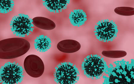 3d rendering of red blood cells and coronavirus cells floating around, all in front of a red and white background.の写真素材