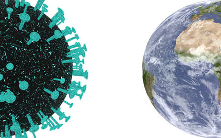 3d rendering of half a coronavirus cell and half a fully textured planet earth on opposite sides, both in front of a white endless background.の写真素材