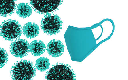 3d rendering of a blue face mask not letting pass many coronavirus cells, all floating in a white endless background.の写真素材