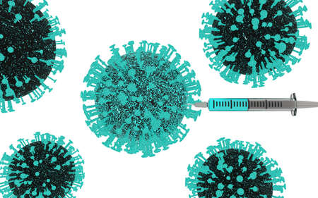 3d rendering of coronavirus cells floating, one cell being inyected with a transparent plastic syringe a blue neon substance making it more neon blue than the others, floating in a white background.の写真素材