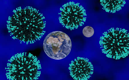 3d rendering of a fully textured planet earth with its moon floating around giant coronavirus cells, all in front of a black and blue background.の写真素材