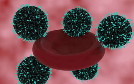 3d rendering of red blood cell being infected by coronavirus cells, all floating in a red and white background.の写真素材