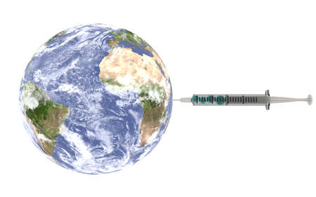 3d rendering of a fully textured planet earth being inyected coronavirus cells with a transparent syringe.の写真素材