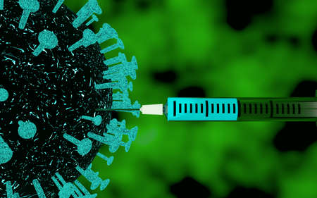 3d rendering of a giant coronavirus being inyected a blue neon substance with a transparent plastic syringe, all floating in a green and black background.の写真素材