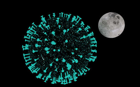 3d rendering of a giant coronavirus cell floating (planet earth) with a moon orbiting around it, on a black endless backgrond.の写真素材