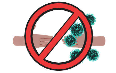 3d rendering of two hands about to shake but one is infected with coronavirus, both hands are behind a "no" sign, all floating on a white endless background.の写真素材