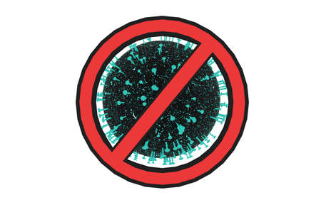 3d rendering of coronavirus cell floating behind a red and black "no" sign, all floating on a white endless background.の写真素材