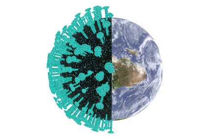 3d rendering of a half planet earth and half coronavirus cell, all floating on a white endless background.の写真素材
