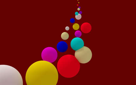 3d rendering of many different colored balls (white, yellow, red, violet, light blue and blue) floating upward on a red wine endless background.の写真素材