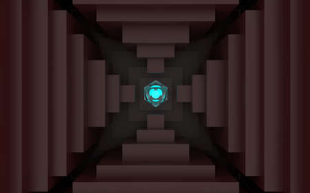 3d rendering of a transperant crystal Icosahedron with a blue glowing object inside, in the center of 5 brown stair like pyramids.の写真素材