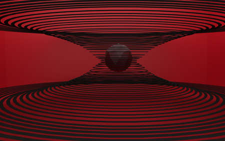 3d rendering of a red wine color icosahedron floating in the middle of many black spiral placed circles on a red box background.の写真素材