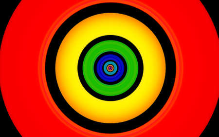 3d rendering of different colored (red, yellow, green, blue and orange) circles all behind a black endless bakcground.の写真素材