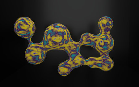 3d rendering of abstact multi colored (yellow, blue and purple) blob floating in front of a black background.の写真素材