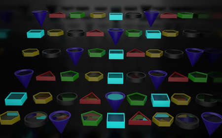 3d rendering of hollow, different colored 3D shapes with a reflective substance inside, all behind a black shiny reflective background.の写真素材