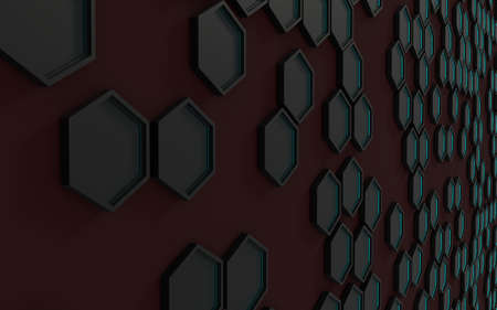 3d rendering of black hexagons with blue neon light all in a red wine background.