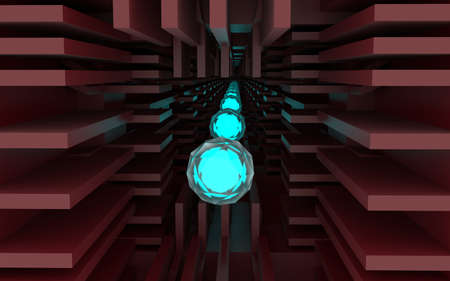 3d rendering of many see through crystals with a blue glowing objects inside all lined up in a row, all inside an red wine abstract hallway.の写真素材
