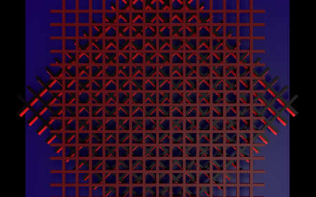 3d rendering of 3 square grids ( one dark red, one black, and one light red ) stacked over each other, all 3 on top of a dark blue sheet all 
over a black endless background.の写真素材