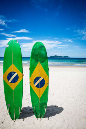 Couple of Surfboard of Brazil, at Ilha Grande Tropical Island, Lopes Mendes beach, Rio do Janeiro. South America Adventure.の写真素材