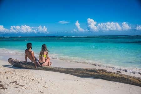 Beautiful scene. Couple enjoying nature at Akumal tropical island.の写真素材