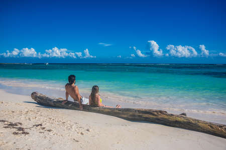 Beautiful scene. Couple enjoying nature at Akumal tropical island.の写真素材