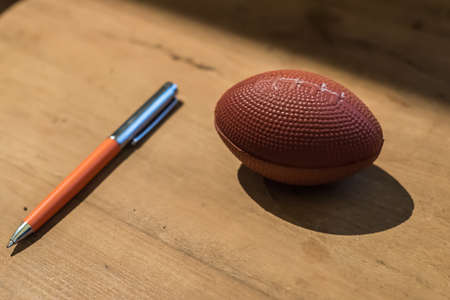 Office elements squeeze ball for stress and a orange pen.の写真素材