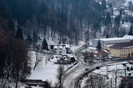 Bran, Romania. February 4, 2017. View of the Bran Village on a snowy day from the Bran Castle...