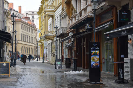 Bucharest, Romania. February 5, 2017. View of a pedestrian street in Bucharest. Old Townのeditorial素材