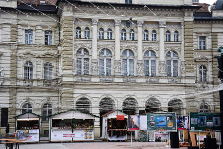 Novi Sad, Serbia. February 08, 2017. City Hall of Novi Sad. Christmas lights and shops. Liberty Square (Trg Slobode)のeditorial素材