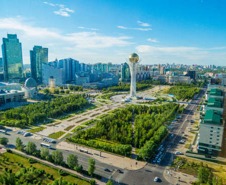 Aerial view of the Baiterek Tower in Nur-Sultan, Kazakhstanのeditorial素材