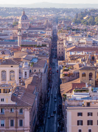 Rome, Italy - Aerial view of Via del Corso, the main street in the center of Rome. View from the top...
