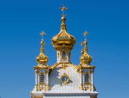 The Church of the Grand Palace against blue sky. In Peterhof (or Petergof) in St. Petersburg, Russiaのeditorial素材