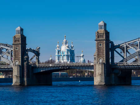 The Smolny Convent of the Resurrection (or Smolny Cathedral) and the Bolsheokhtinsky Bridge. In St. Petersburg, Russiaのeditorial素材
