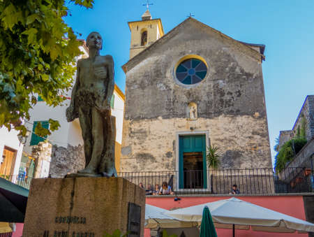 CORNIGLIA, ITALY - JULY 28, 2016: Summer view of the Chiesa di San Pietro (St. Peter Church) in Corniglia, Cinque Terre, Italy. UNESCO World Heritage Site.のeditorial素材