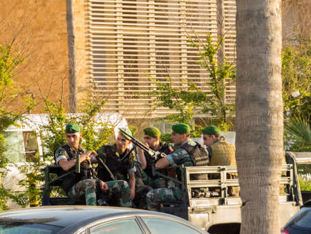 BEIRUT, LEBANON - MAY 22, 2017: Lebanese soldiers on a jeep in the center of Beirut.のeditorial素材