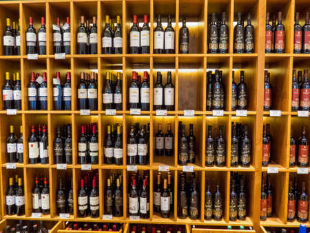 ST. PETERSBURG, RUSSIA - JULY 9, 2017: Wine shelf in the Duty Free Store in Pulkovo International...