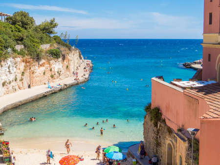 TRICASE, ITALY - JULY 17, 2017: View of the beach in Tricase, province of Lecce, Apulia.のeditorial素材