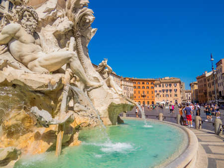 ROME, ITALY - AUGUST 28, 2017 - Sunny view of Piazza Navona with the Fountain of the Four Rivers (Italian: Fontana dei Quattro Fiumi) in the foreground.のeditorial素材