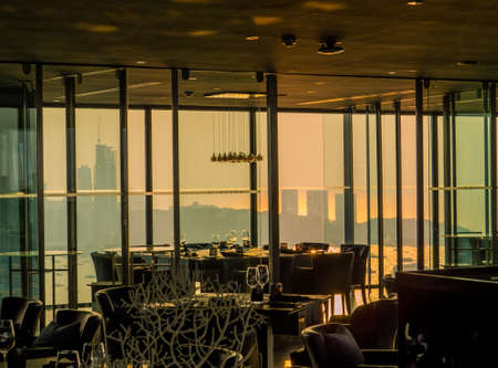 PATTAYA, THAILAND - FEBRUARY 4, 2018: View of the interior of the restaurant on the top of the Hilton Hotel.のeditorial素材