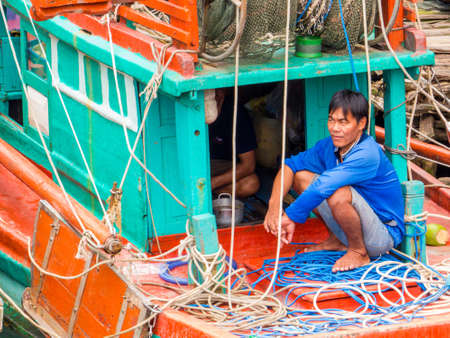 PHU QUOC, VIETNAM - FEBRUARY 7, 2018: Local fishermen portrait.のeditorial素材
